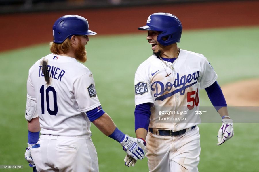 Justin Turner sharing a moment with Mookie Betts during the World Series.