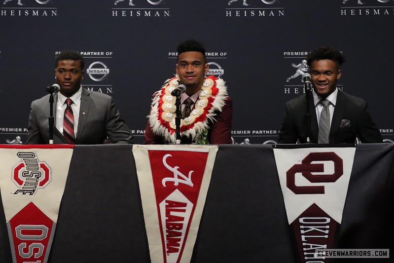 Dwayne Haskins, Tua Tagovailoa, and Kyler Murray at a press conference before the Heisman Trophy ceremony in New York on Dec. 8, 2018.