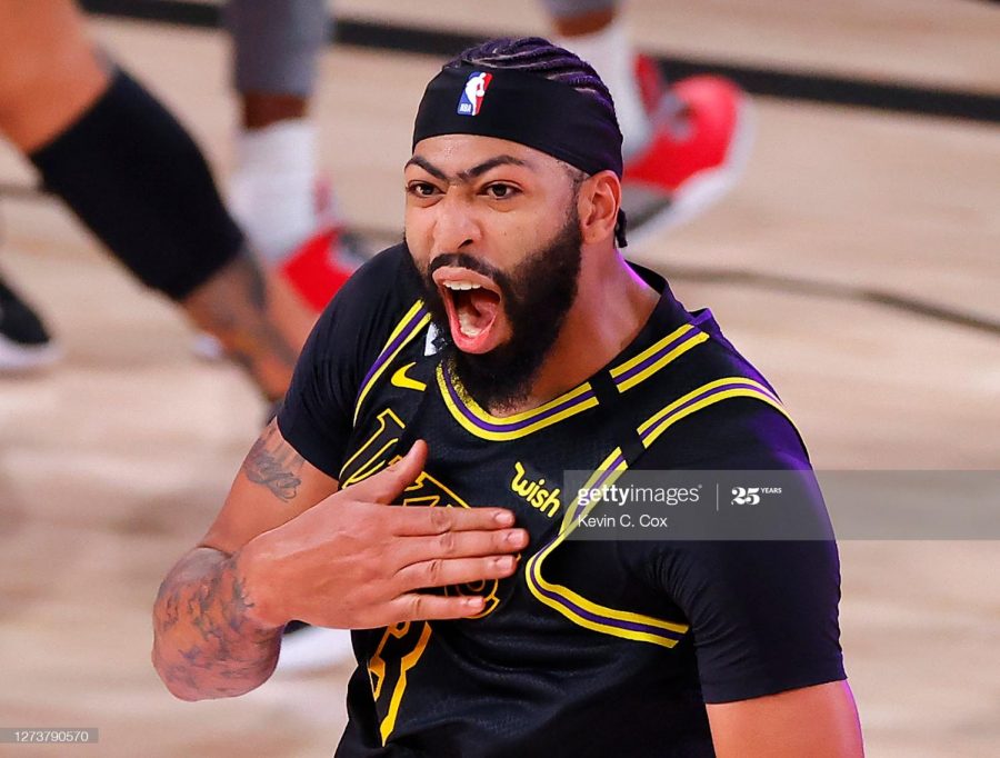 Anthony Davis #3 of the Los Angeles Lakers celebrates after shooting a three point basket to win the game over Denver Nuggets in Game Two of the Western Conference Finals