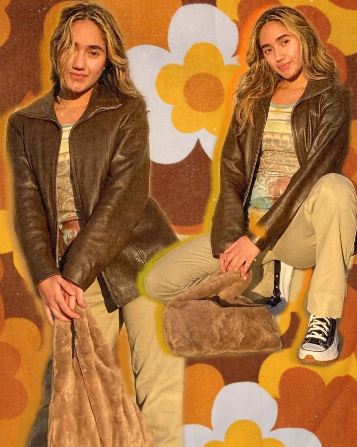 These low-rise tan Dickes pants (from Silverlake) make a perfect staple piece in everyones closet. I styled this with a brown fluffy bag from Daiso, a graphic long sleeve, a brown leather jacket, and my black Run Star Hike Converse.