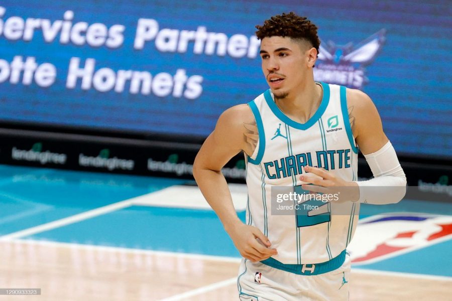 LaMelo Ball #2 of the Charlotte Hornets looks on during the first half.