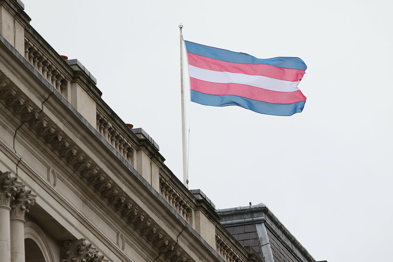 The Transgender Pride Flag flies on the Foreign Office building in London on Transgender Day of Remembrance, 20 November 2017, a moment to remember all those trans people around the world who have lost their lives because of who they are. The FCO is committed to tackling prejudice, violence, and discrimination against LGBT people globally.