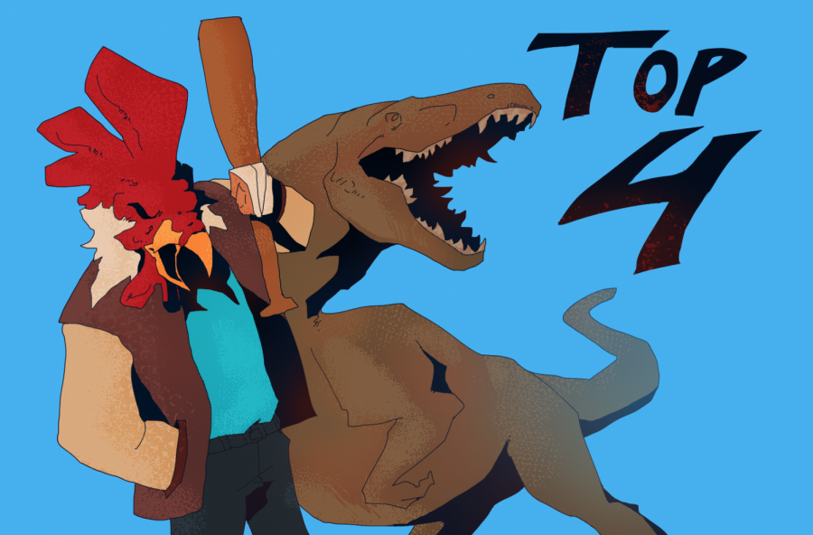 Graphic depicts Jacket from Hotline Miami and a Tyrannosaurus Rex from The Isle.