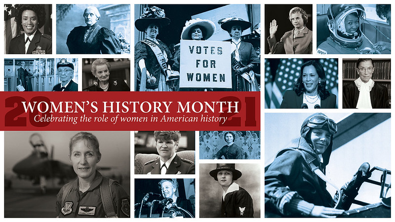 March is National Women’s History Month. First column (left to right): Maj. Gen Marcelite J. Harris, first African-American female general officer of the U.S. Air Force; Susan B. Anthony, American social reformer and women’s right activist; Admiral Grace Hopper, American computer scientist and U.S. Navy rear admiral; Madeleine Albright, first female U.S. secretary of state; and Maj. Gen. Jeannie M. Leavitt, U.S. Air Force’s first female fighter pilot. Second column: Trixie Friganza (immediately behind the sign), who inspired the song “Take Me Out to the Ballgame,” was a women’s suffrage advocate; Janet C. Wolfenbarger, eighth commander of Air Force Materiel Command and first woman to achieve the rank of four-star general in the U.S. Air Force; Clara Barton, nurse who founded the American Red Cross; Eleanor Roosevelt, longest serving First Lady of the United States from 1933-1945; and Loretta Walsh, first American active-duty Navy woman, the first woman to enlist in the U.S. Navy, and the first woman allowed to serve as a woman in any of the United States armed forces, as anything other than as a nurse. Third column: Sandra Day O’Connor, first woman associate justice of the Supreme Court of the United States; Mae Jemison, American engineer, physician, and former NASA astronaut who became the first black woman to travel into space; Kamala Harris, the United States’ first female vice president, the highest-ranking female official in U.S. history, and the first African-American and first Asian-American vice president; Ruth Ginsburg, second woman to serve as an associate justice of the Supreme Court of the United States; and Amelia Earhart, American aviation pioneer and first woman to fly solo across the Atlantic Ocean.