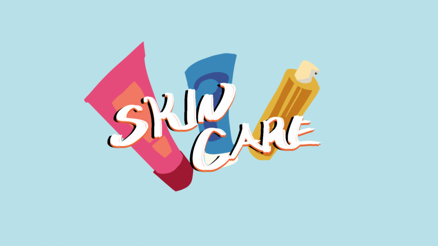 The graphic depicts generic skin products with the words “Skin Care” written over them.
