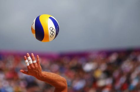The ball is served during the Mens Beach Volleyball Round of 16 match between Switzerland and Poland.