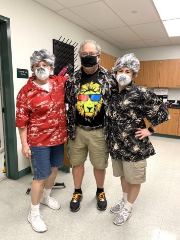 Will the real Mr. Crawford, please stand up? Fellow science teachers Ms. King and Ms. Jimenez dressed up like their colleague Mr. Crawford on Friday for dress-up day.