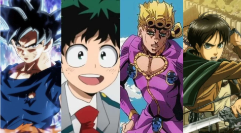 A small callage of four animes. Dragon Ball Z, My Hero Academia, Jojos Bizarre Adventures, and Attack on Titan.