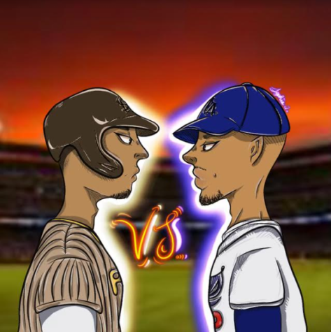 Manny Machado and Mookie Betts representing the rivalry between the Padres and the Dodgers.