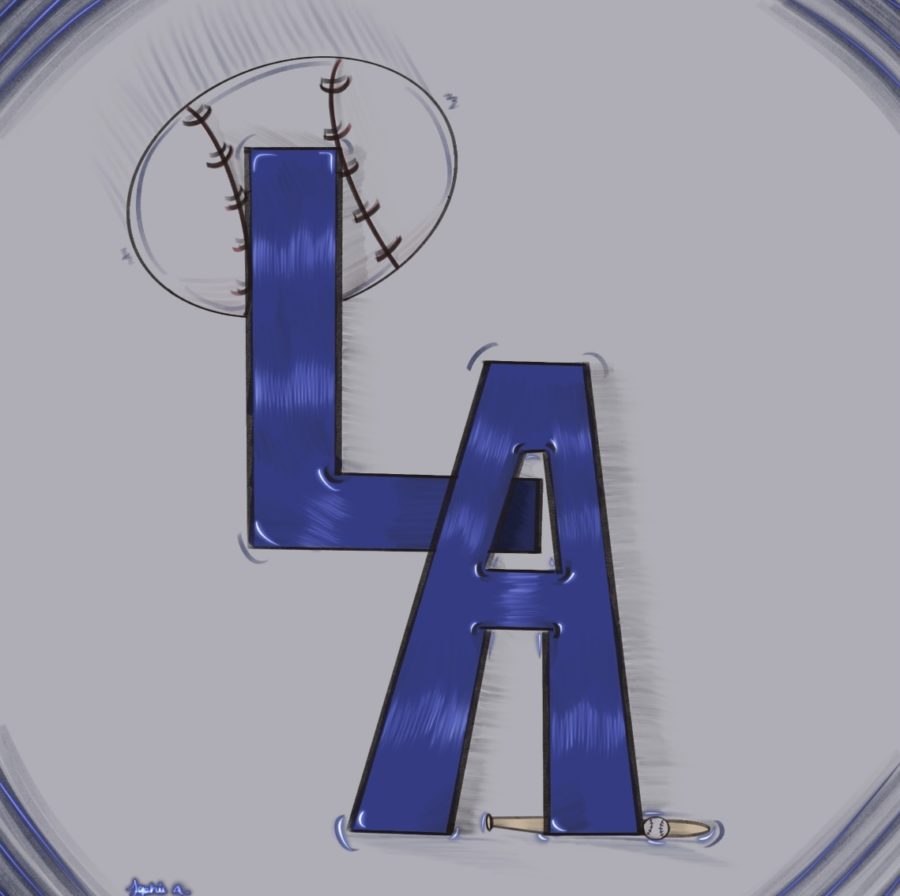 The+Los+Angeles+Dodgers+logo+drawn+in+a+cartoon+sketch.