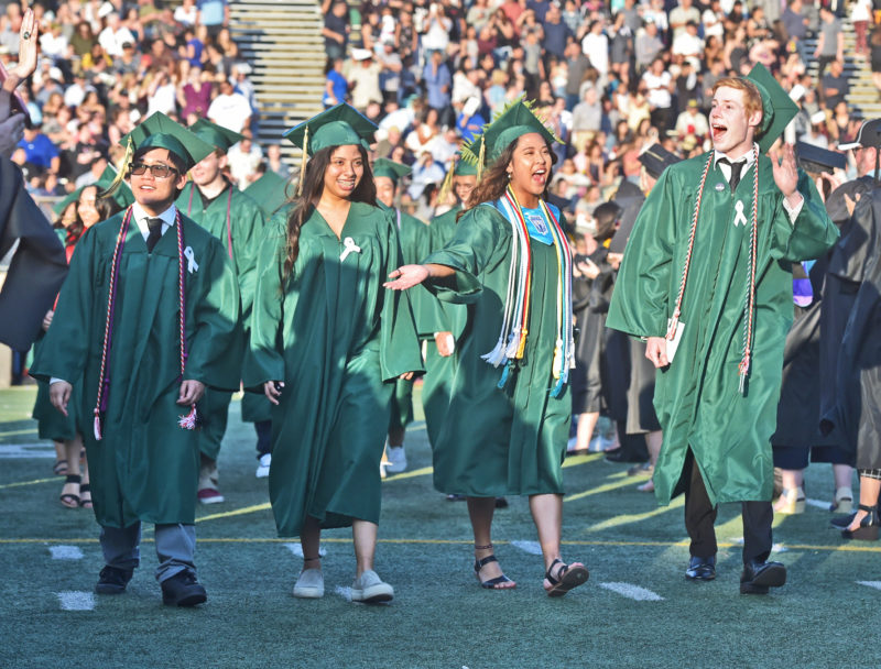 Graduating seniors celebrate as they march into the Canyon High School graduation ceremony held at College of the Canyons in Valencia on June 5, 2019