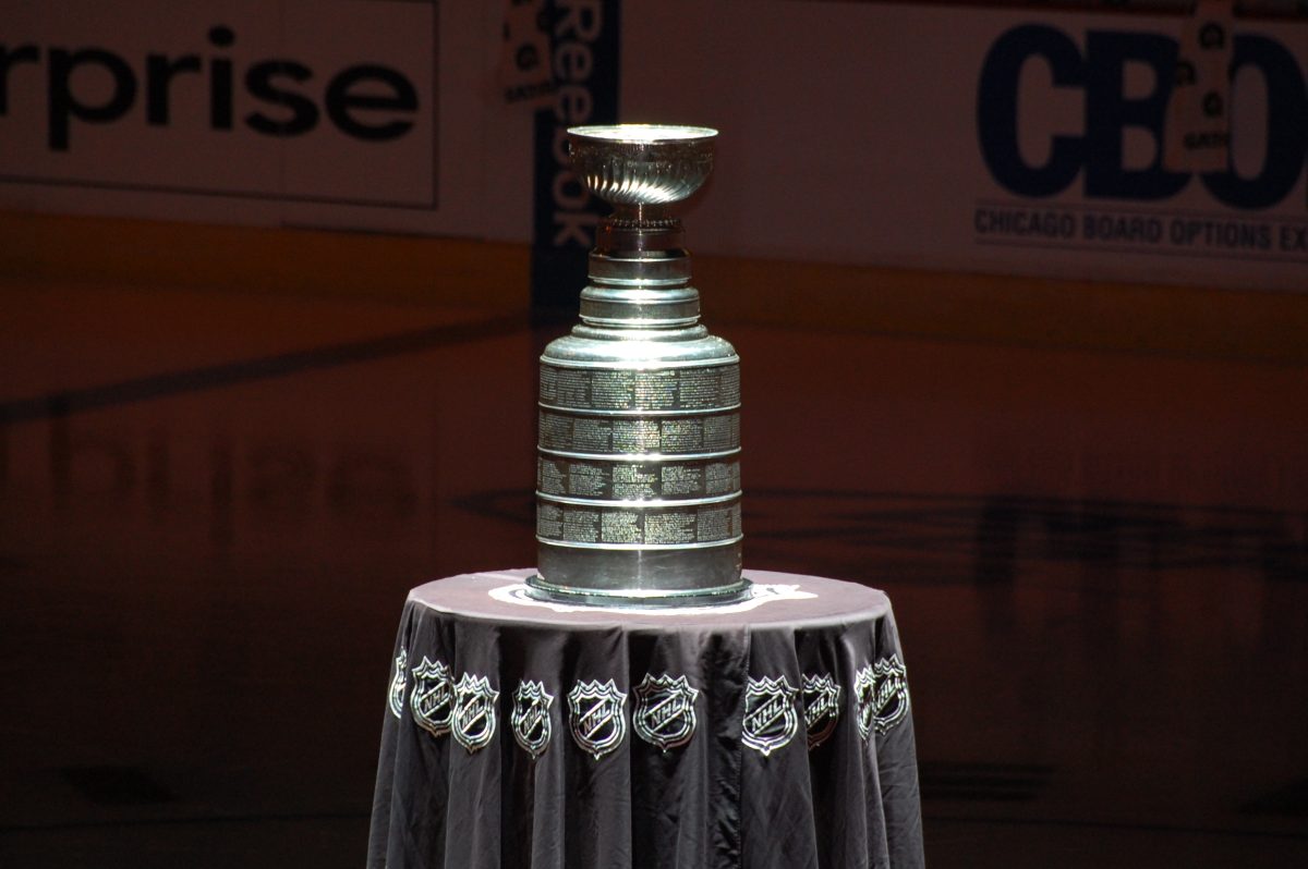 The Stanley Cup was at center ice for about 30 minutes before the Blackhawks took the ice for a practice and scrimmage. 