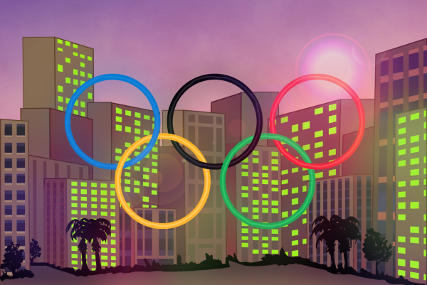 Illustration of the Olympic rings in front of an LA city background.