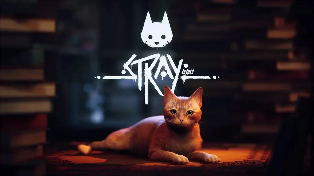 A game screenshot with the game title and an orange cat in a library setting found within the game.