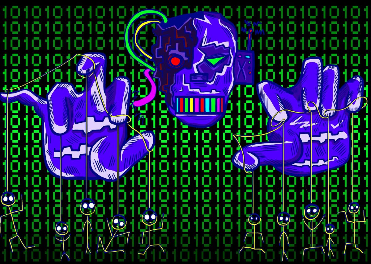 This is a picture of a robot, or a concept of AI, taking over humans like a puppet. It symbolizes a loss in originality and the beauty of human life.