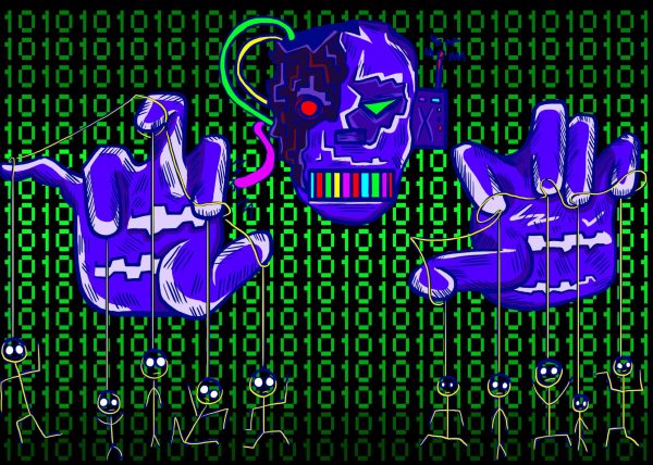This is a picture of a robot, or a concept of AI, taking over humans like a puppet. It symbolizes a loss in originality and the beauty of human life.