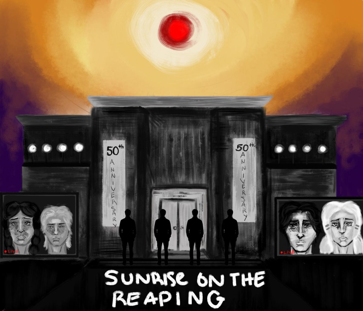 The 50th Hunger Games reaping in District 12. There are the four tributes including Haymitch, Wyatt, Louella, and Maysilee. 