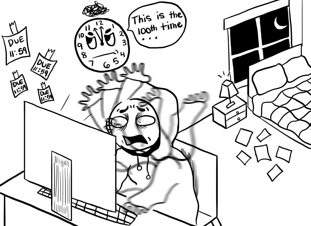 A student waiting till the last minute to finish an essay. 