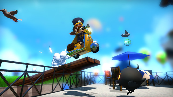 Hat Kid from the video game "A Hat In Time" on her scooter.