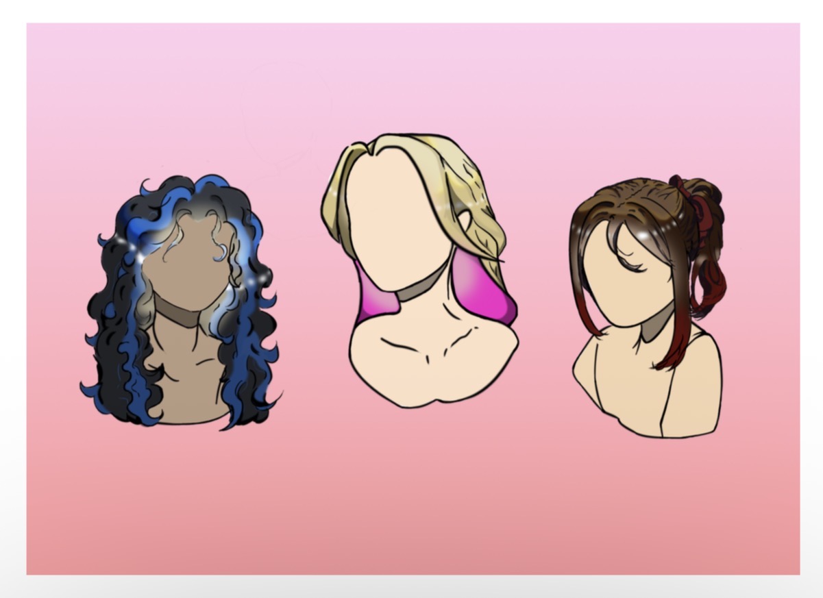 A drawing of colorful dyes on different hair textures.