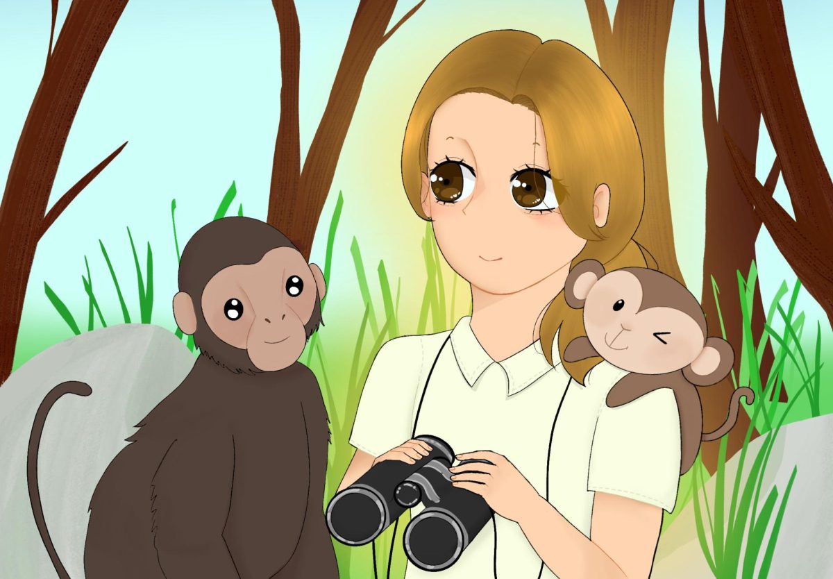 Drawing of younger Jane Goodall surrounded by chimpanzees in Tanzania's Gombe Stream National Park.
