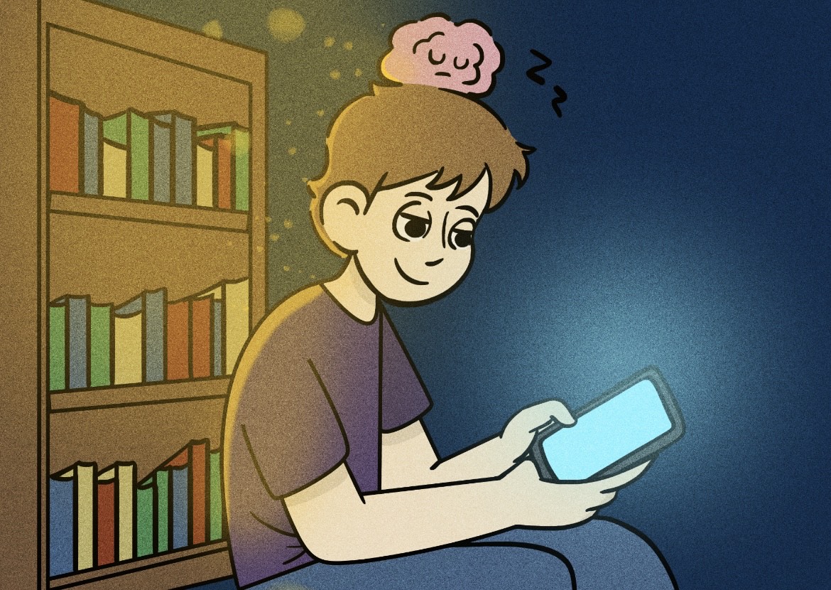 A person turning their back on books to watch a meaningless video on their phone.