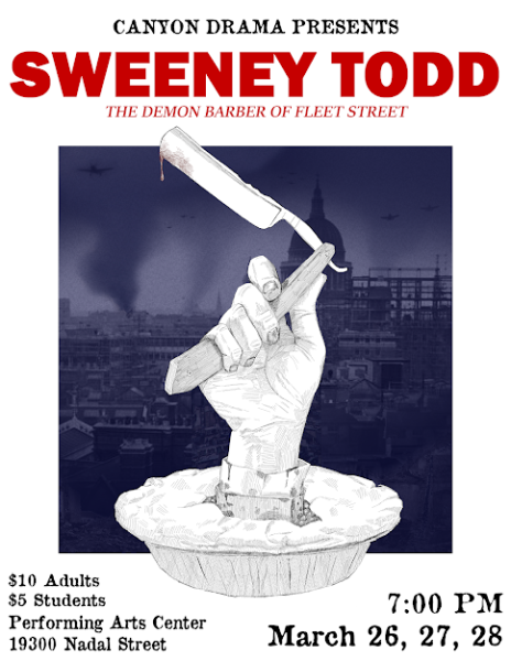 An incredible hand-drawn advertisement for Canyon Drama's production of "Sweeney Todd: The Demon Barber of Fleet Street!"