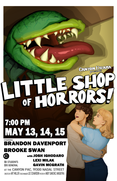 An incredible hand-drawn advertisement for Canyon Drama's production of "Little Shop of Horrors!"