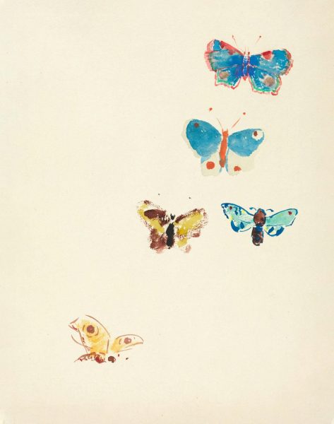 Five adorable butterflies flying around.