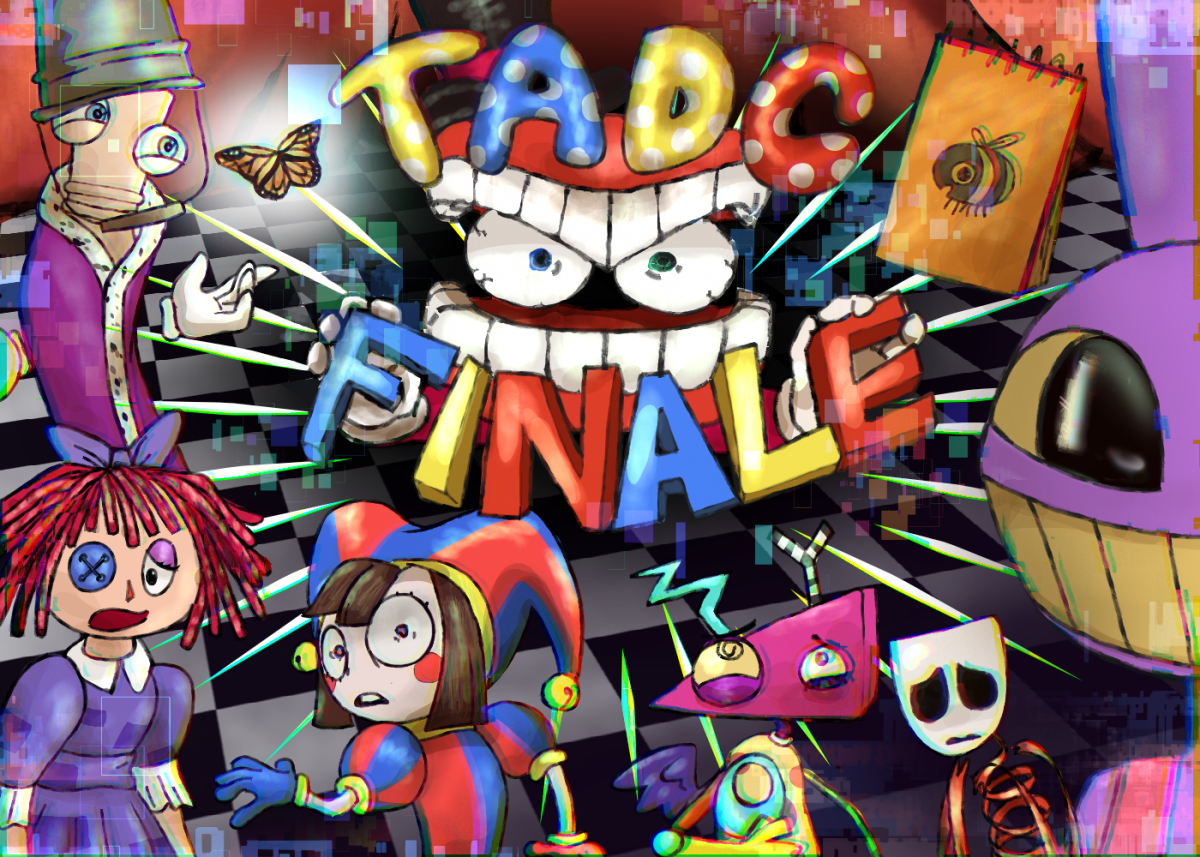 Colorful characters from the series "The Amazing Digital Circus" surround the AI ringmaster, Caine, in anticipation and apprehension.